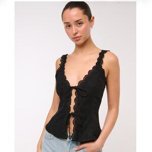 Abercrombie, Lace-Trim Tie-Front Peplum Top, Size S, Black